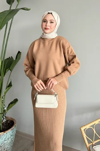 Camel Colored Puff Sleeve Dress and Tricot Set