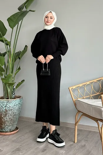 Black Knit Set with Puff Sleeve Dress