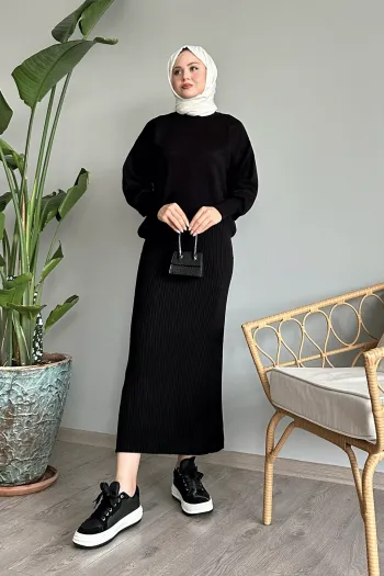 Black Knit Set with Puff Sleeve Dress