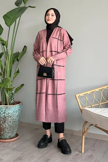 Dusty Rose Knit Cardigan with Sparkling Stripes
