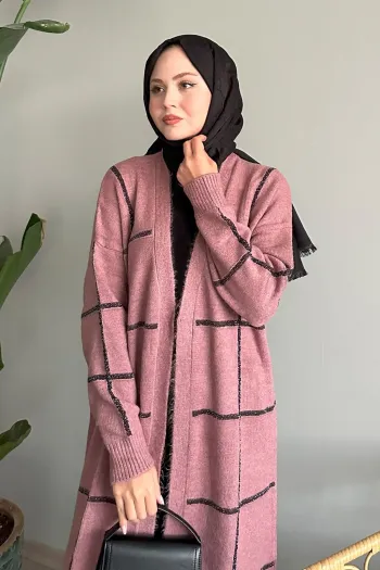 Dusty Rose Knit Cardigan with Sparkling Stripes