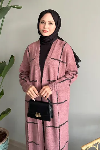 Dusty Rose Knit Cardigan with Sparkling Stripes