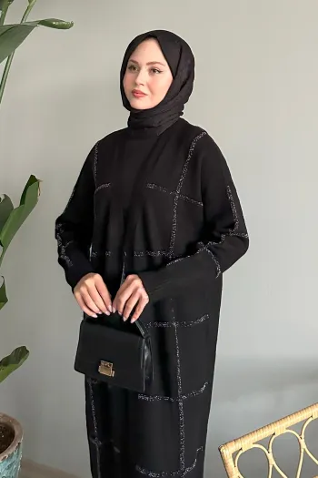 Black knit cardigan featuring shiny glitter stripes