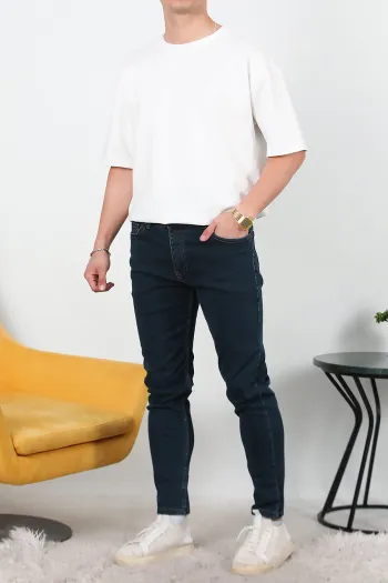 Men's Lycra Straight Leg Trousers Navy Blue