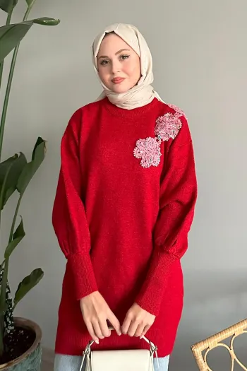 Red Knitted Sweater with Flower Detail