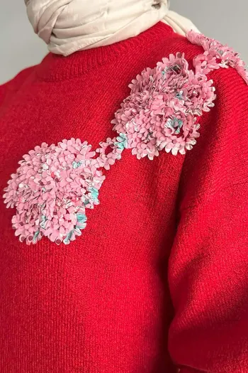 Red Knitted Sweater with Flower Detail