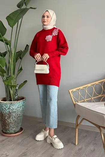 Red Knitted Sweater with Flower Detail