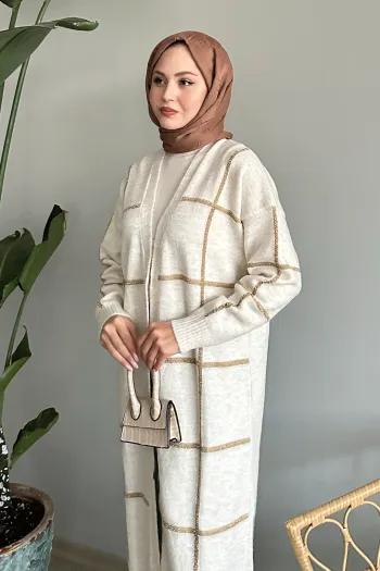 Ecru Knitted Cardigan with Shimmering Stripes