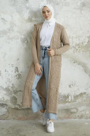 Jolie Knit Pattern Long Cardigan - Dark Beige