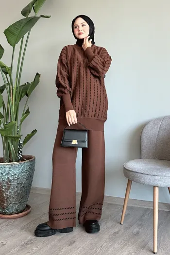 Dark brown knitted outfit with vertical trim and matching pants