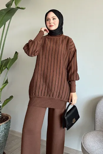 Dark brown knitted outfit with vertical trim and matching pants