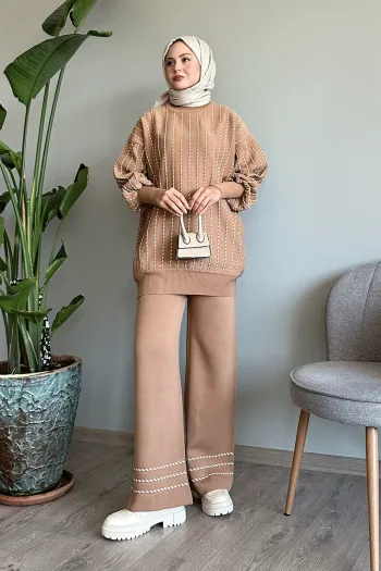 Camel Colored Striped Jumpsuit with Vertical Piping and Matching Pants