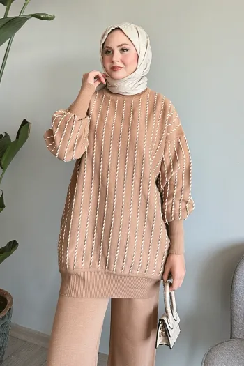 Camel Colored Striped Jumpsuit with Vertical Piping and Matching Pants