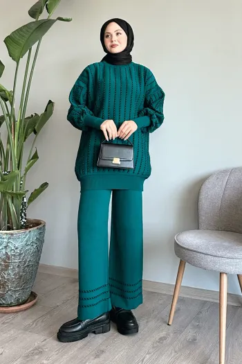 Petrol Green Knitwear Suit Featuring Vertical Piping and Matching Trousers