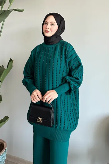 Petrol Green Knitwear Suit Featuring Vertical Piping and Matching Trousers