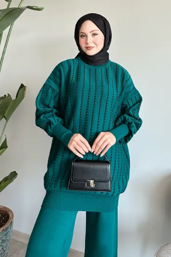 Petrol Green Knitwear Suit Featuring Vertical Piping and Matching Trousers