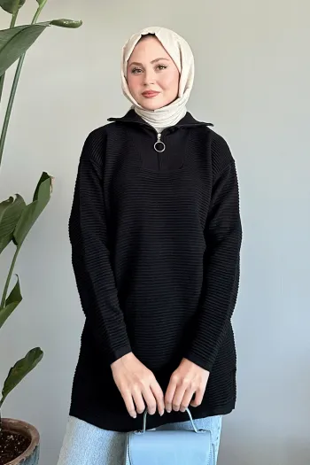 High Neck Tracksuit with Thin Stripes in Black