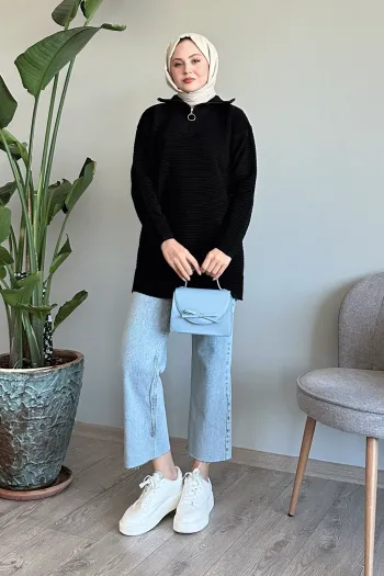 High Neck Tracksuit with Thin Stripes in Black
