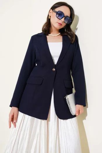 Single-Button Blazer Jacket with Pocket Flaps, Navy Blue