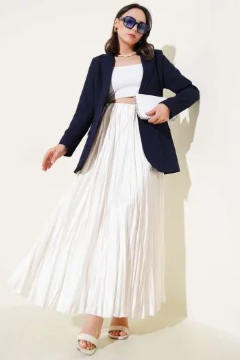 Single-Button Blazer Jacket with Pocket Flaps, Navy Blue