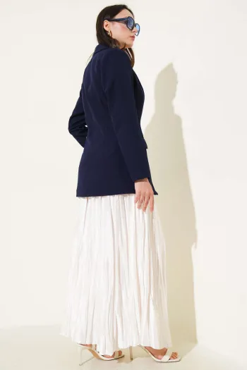 Single-Button Blazer Jacket with Pocket Flaps, Navy Blue