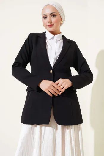 Single-Button Blazer Jacket with Pocket Flaps, Black