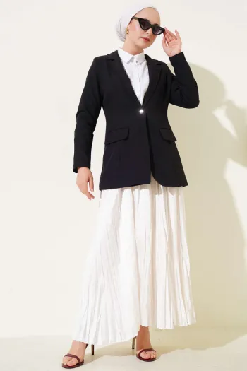 Single-Button Blazer Jacket with Pocket Flaps, Black