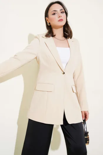 Single-Button Blazer Jacket with Pocket Flaps, Beige