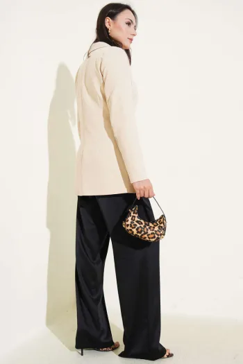 Single-Button Blazer Jacket with Pocket Flaps, Beige