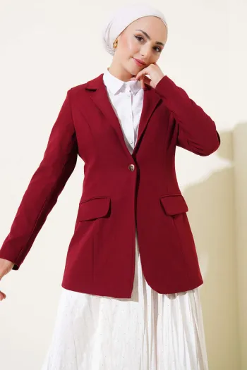 Single-Button Blazer Jacket with Pocket Flaps, Burgundy