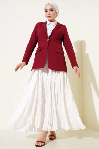 Single-Button Blazer Jacket with Pocket Flaps, Burgundy