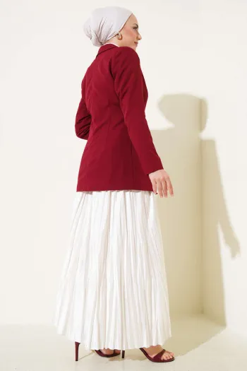 Single-Button Blazer Jacket with Pocket Flaps, Burgundy