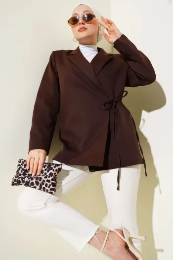 Side Tie Double Breasted Collar Jacket Brown