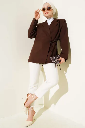 Side Tie Double Breasted Collar Jacket Brown