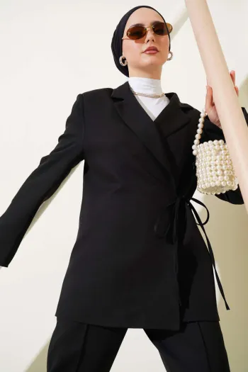 Side Tie Double Breasted Jacket Black