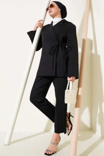 Side Tie Double Breasted Jacket Black