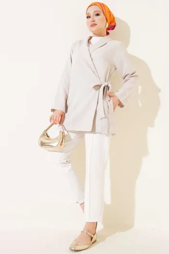 Double-Breasted Side-Tie Linen Jacket Beige