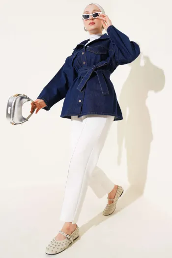 Belted Pocket Flap Denim Jacket Navy Blue