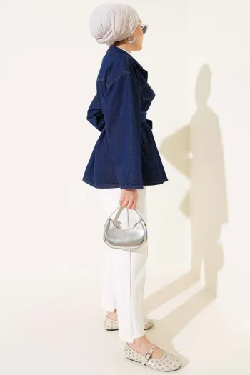 Belted Pocket Flap Denim Jacket Navy Blue