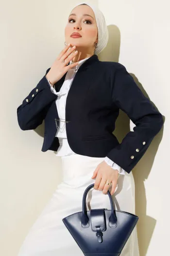 Chain and Hook Pin Short Jacket Navy Blue