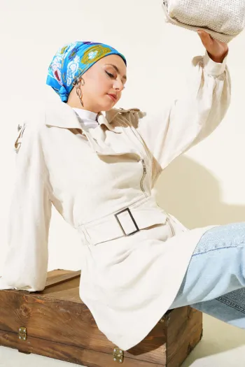 Beige Cross-Zip Belted Jacket