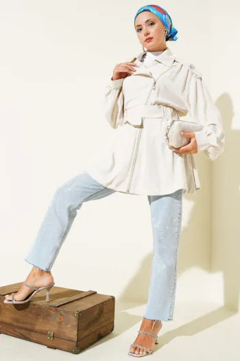 Beige Cross-Zip Belted Jacket