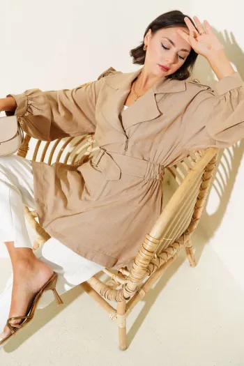 Diagonal Zipper Belted Jacket Camel