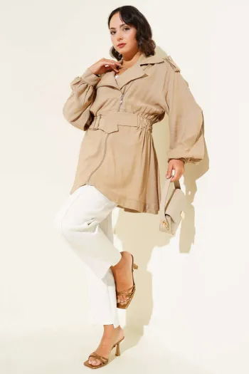 Diagonal Zipper Belted Jacket Camel