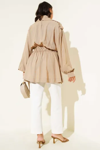 Diagonal Zipper Belted Jacket Camel