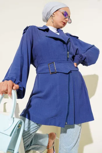 Diagonal Zippered Belted Jacket Indigo