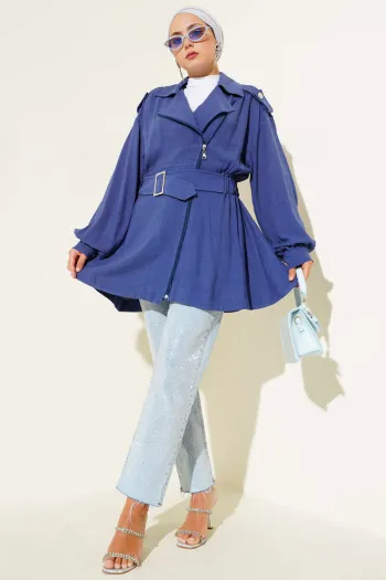 Diagonal Zippered Belted Jacket Indigo