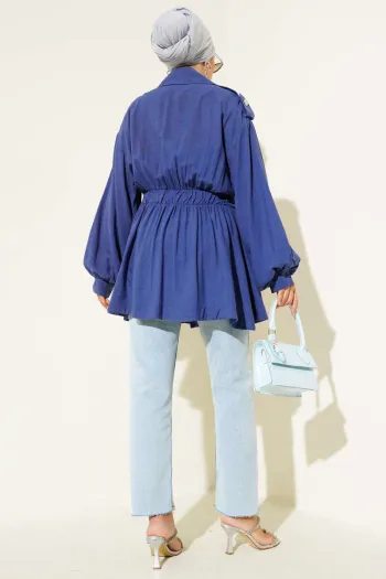 Diagonal Zippered Belted Jacket Indigo