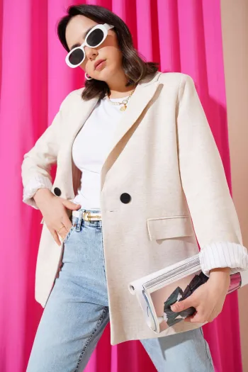 Beige Striped Lined Linen Blazer Jacket