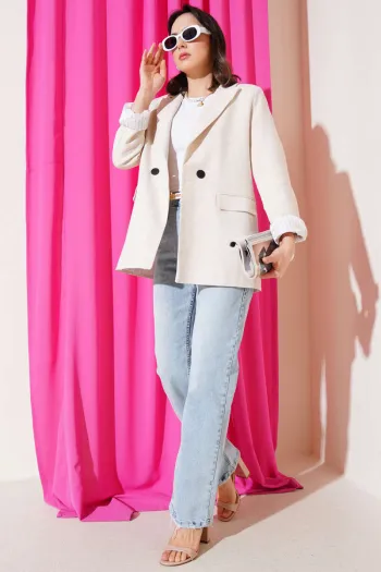 Beige Striped Lined Linen Blazer Jacket